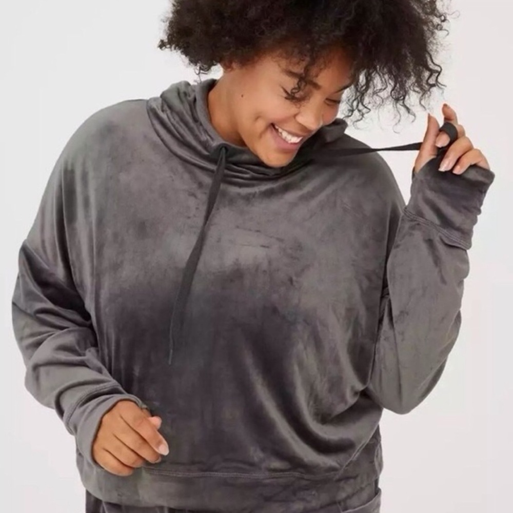 OFFLINE by Aerie Velour Cropped Pullover Hoodie Slate Gray Size Small
